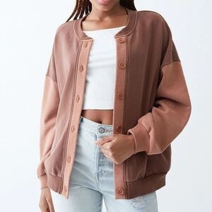Pacsun Brown Teddy Color Block Button Front Fleece Cardigan Sweatshirt